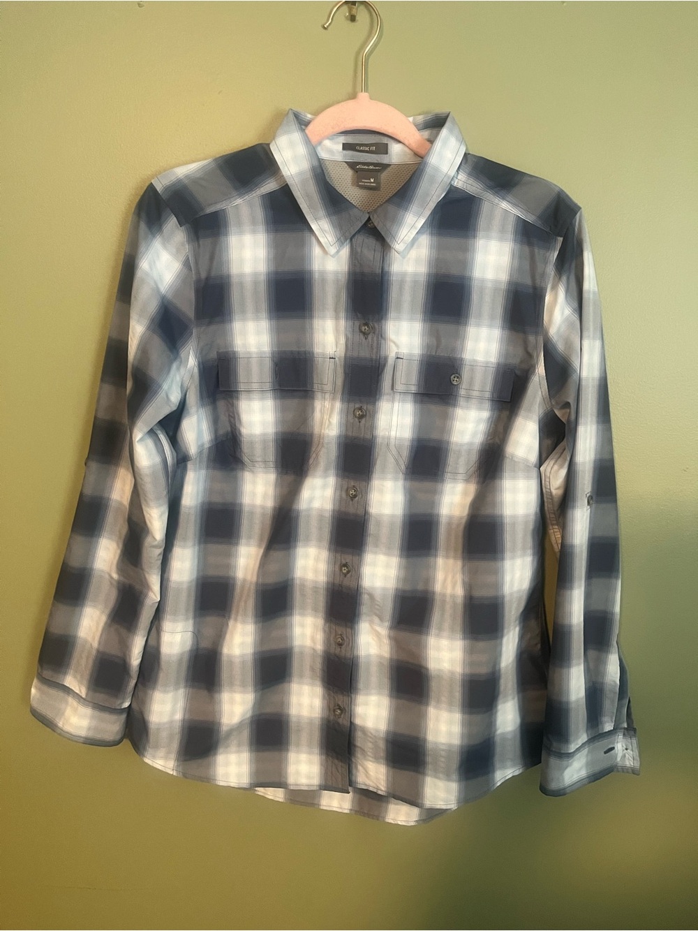 Eddie Bauer Men's Blue and White Plaid Button-Down Shirt
